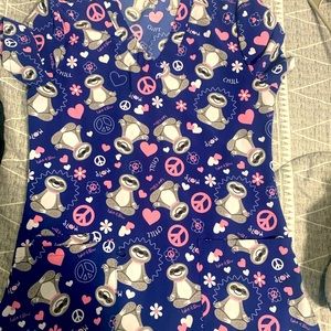 Fun sloth and peace sign scrub top!